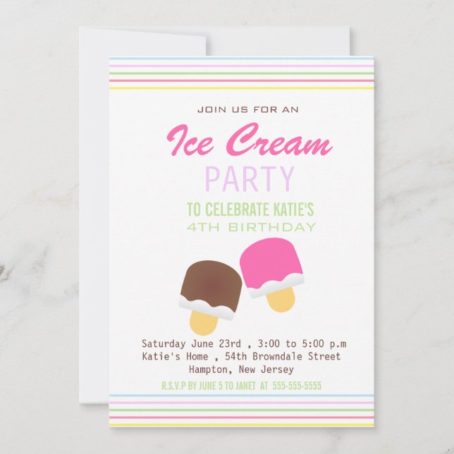Cute ice cream and stripes birthday party invite (Front)