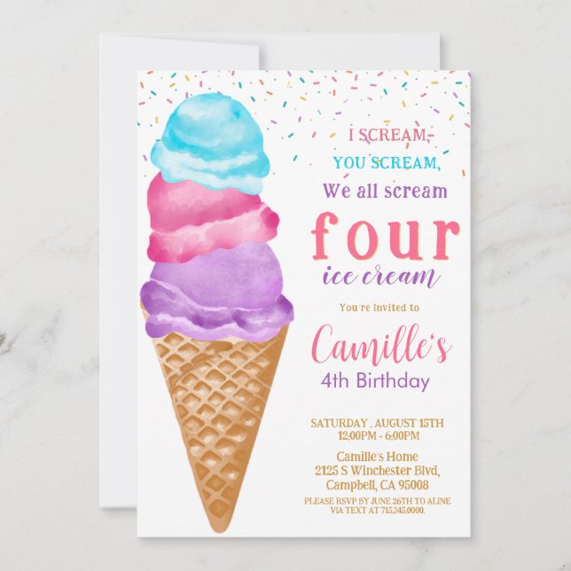 Cute Ice Cream  any age Birthday Invitation (Front)