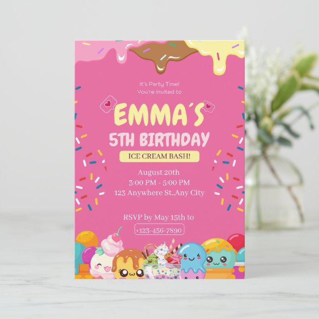 Cute Ice Cream Birthday Party Invitation (Standing Front)