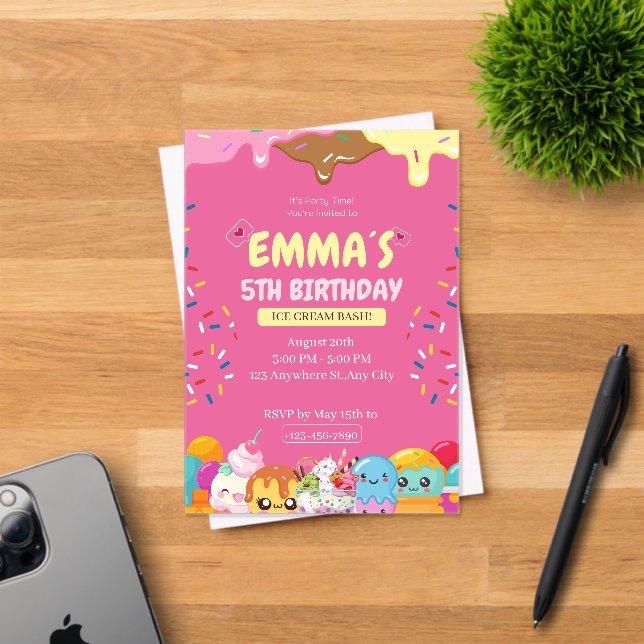 Cute Ice Cream Birthday Party Invitation (Insitu (Invitation Card))