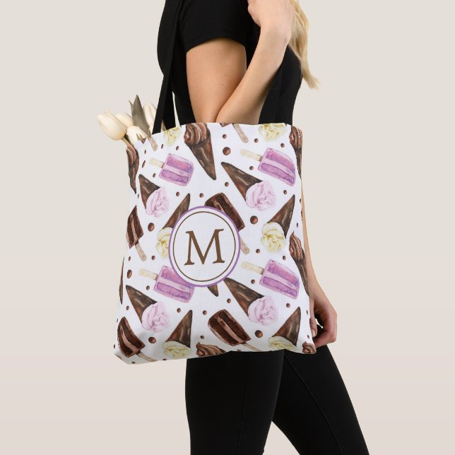 Cute Ice Cream Cone Pattern Monogram Tote Bag (Close Up)