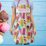Cute Ice Cream Cone Popsicle Custom Text Apron<br><div class="desc">Fun apron featuring a pattern of ice cream cones and popsicles and two lines of custom text. Add a person's name, restaurant or ice cream shop name or delete the text and rectangle and just use the pattern. Perfect for birthday parties, cafe owners, budding chefs, host/hostess gifts or anyone who...</div>