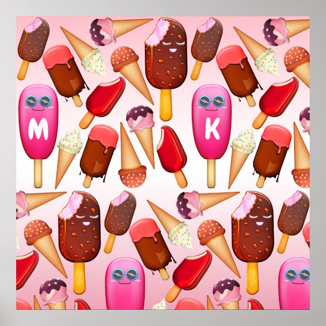 Cute Ice Cream Cone Popsicle Monogram Sweets Poster (Front)