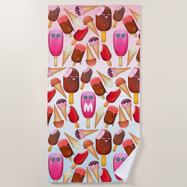 Cute Ice Cream Cone Popsicle Monogram Treats Beach Towel (Front)