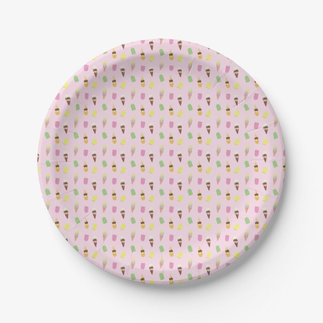 Cute Ice Cream Cones, Popsicle Ice Blocks on Pink Paper Plate (Front)