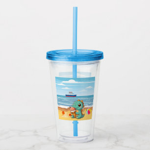 Cute ice cream eating dino at the beach acrylic tumbler
