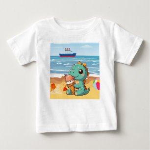 Cute ice cream eating dino at the beach baby T-Shirt