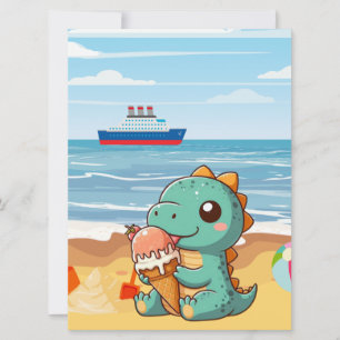 Cute ice cream eating dino at the beach holiday card