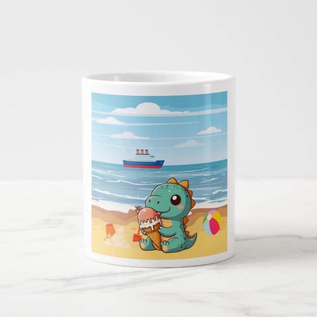 Cute ice cream eating dino at the beach large coffee mug (Front)