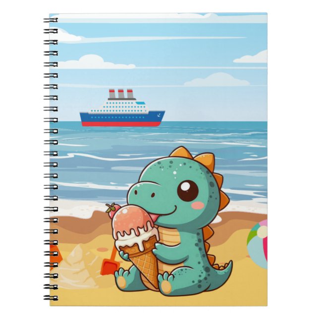 Cute ice cream eating dino at the beach notebook (Front)