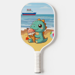 Cute ice cream eating dino at the beach pickleball paddle