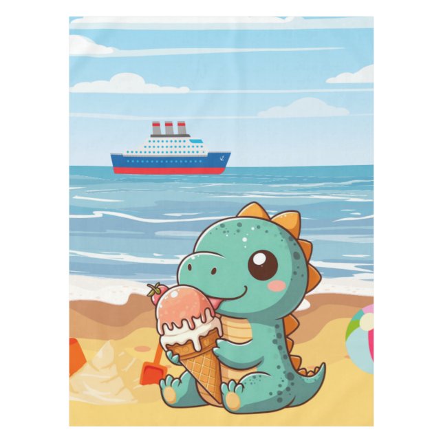 Cute ice cream eating dino at the beach tablecloth (Front)