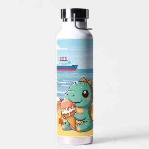 Cute ice cream eating dino at the beach water bottle