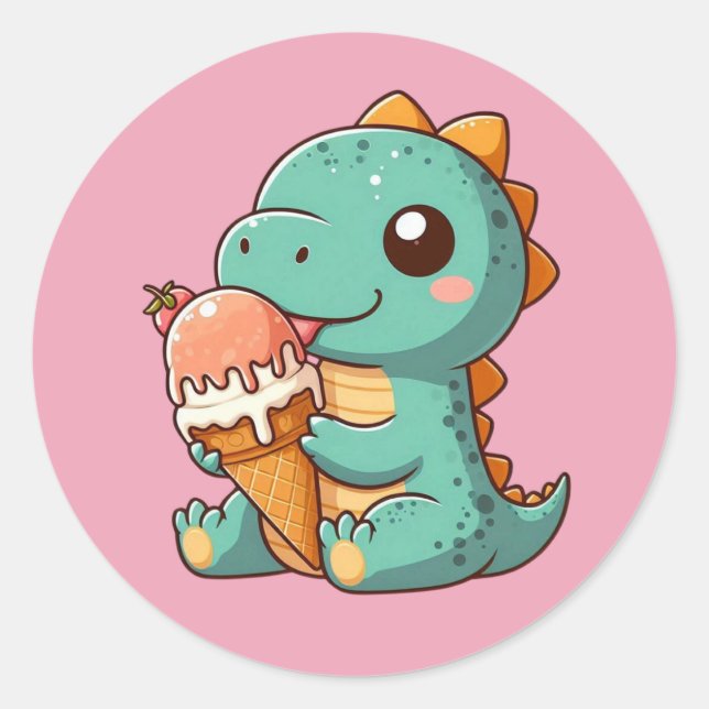 Cute ice cream eating dino classic round sticker (Front)