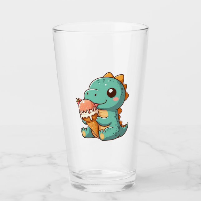 Cute ice cream eating dino glass (Front)