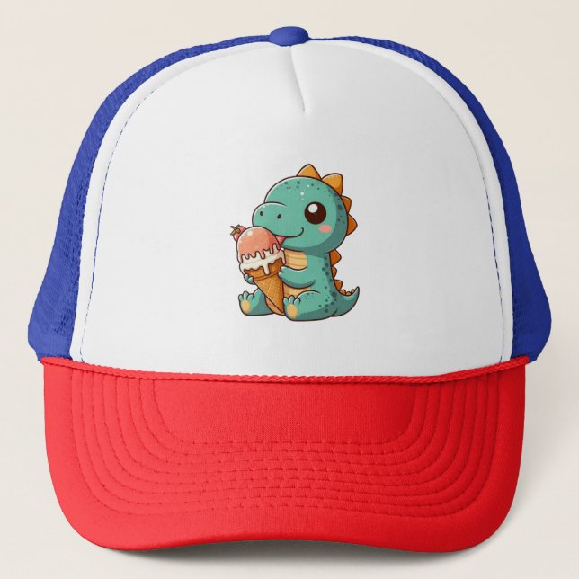 Cute ice cream eating dino trucker hat (Front)