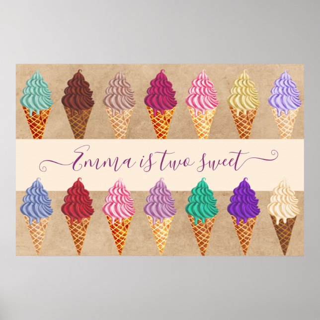    Cute Ice Cream Party Baby Girl 2 Years Birthday Poster (Front)