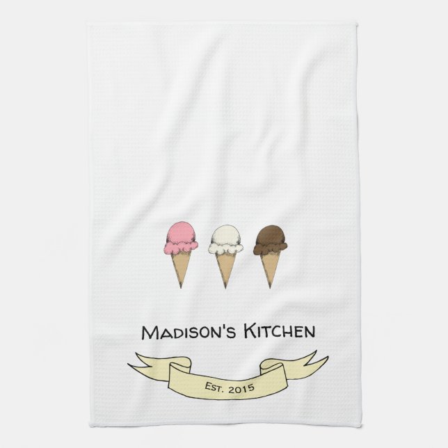 Cute Ice Cream Personlised Kitchen Tea Towel (Vertical)
