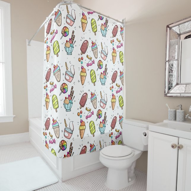 Cute Ice Cream Sweet Desert Pattern Kids Shower Curtain (In Situ)