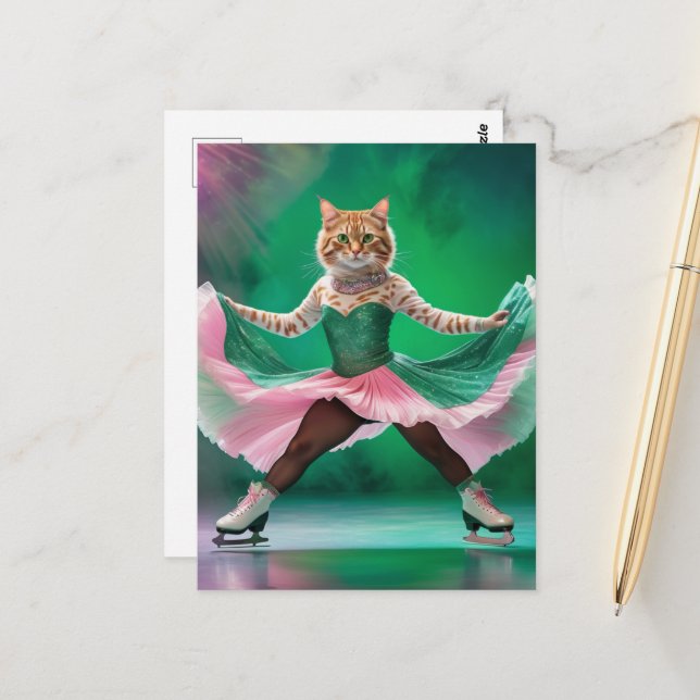 Cute Ice Skating Cat in Pink and Green Postcard (Front/Back In Situ)