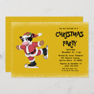 Cute Ice Skating Cow Gold Christmas Party   Invitation