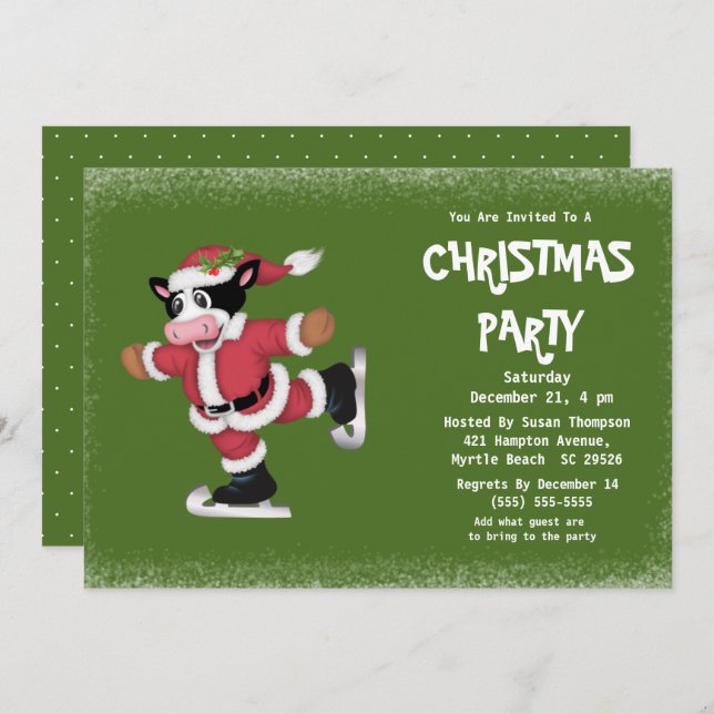 Cute Ice Skating Cow Green Christmas Party   Invitation (Front/Back)