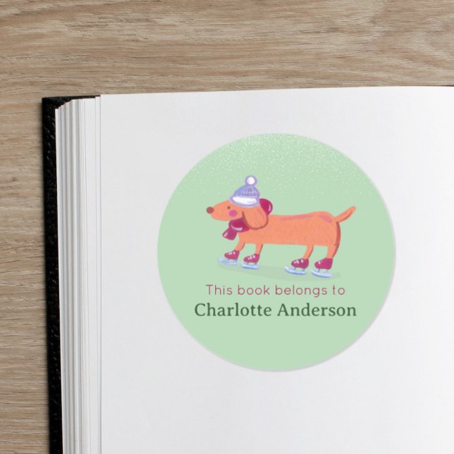 Cute Ice Skating Dachshund Green School Bookplate Classic Round Sticker (Creator Uploaded)