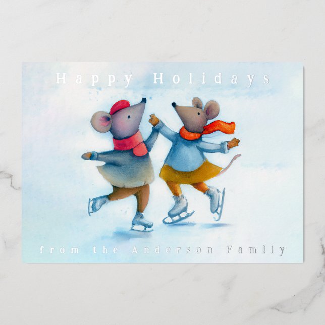 Cute Ice Skating Mice Watercolor Foil Holiday Card (Front)