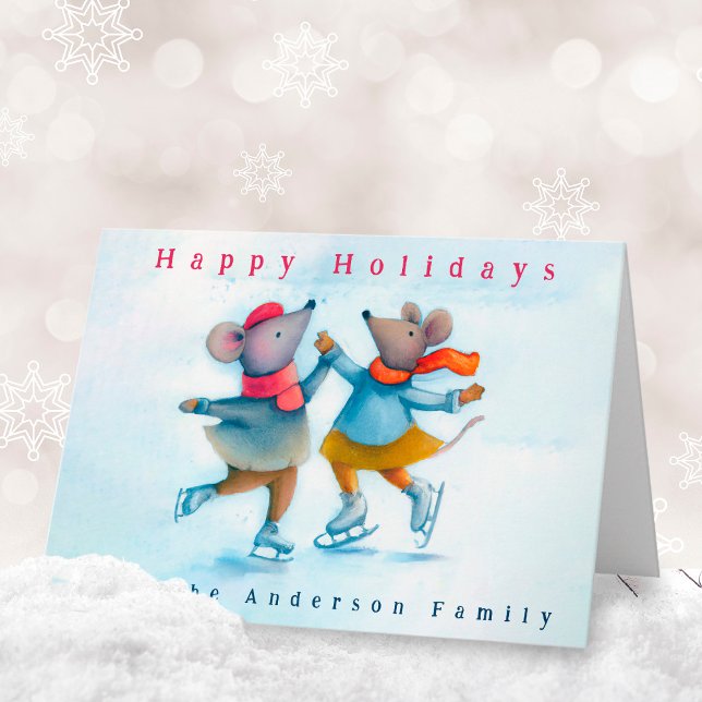 Cute Ice Skating Mice Watercolor Holiday Card (Creator Uploaded)