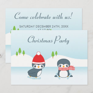 Cute Ice Skating Penguins Christmas Party Invitation