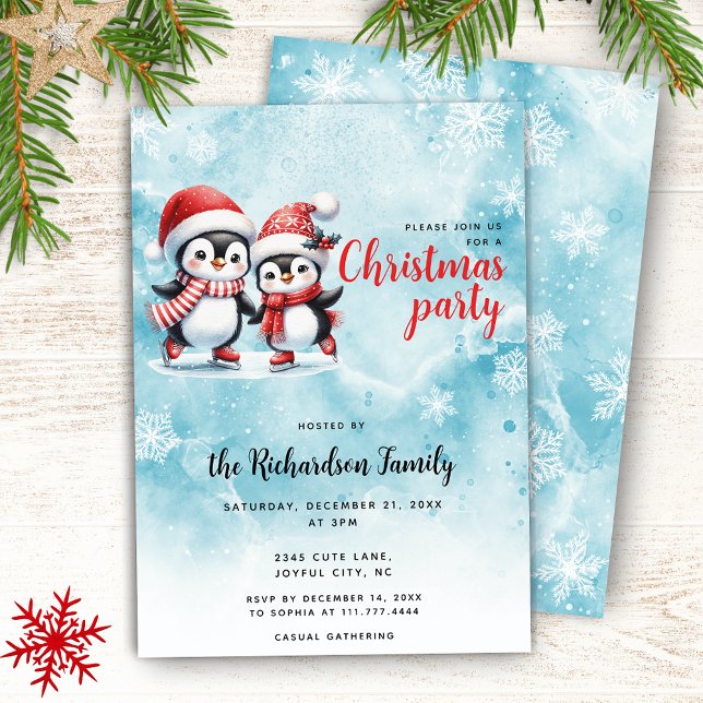 Cute Ice Skating Penguins Elegant Christmas Invitation (Creator Uploaded)