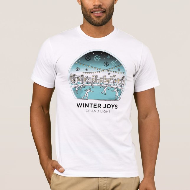 Cute Ice Skating Winter Village Scene Snowy Lights T-Shirt (Front)