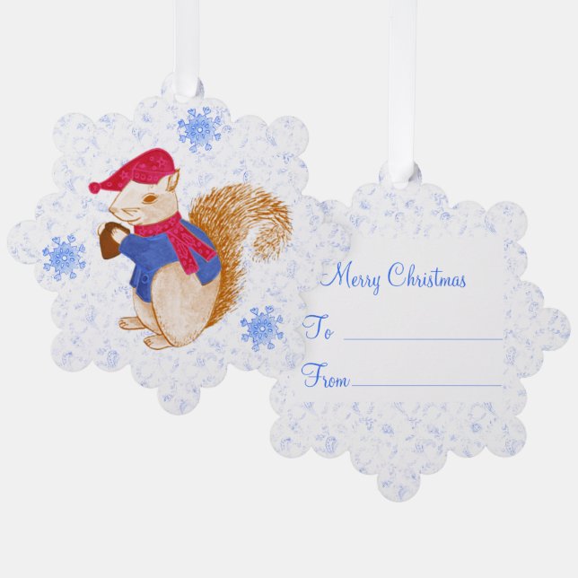 Cute Iceberg Blue Filigree Squirrel Christmas Orna Tree Decoration Card (Front/Back)