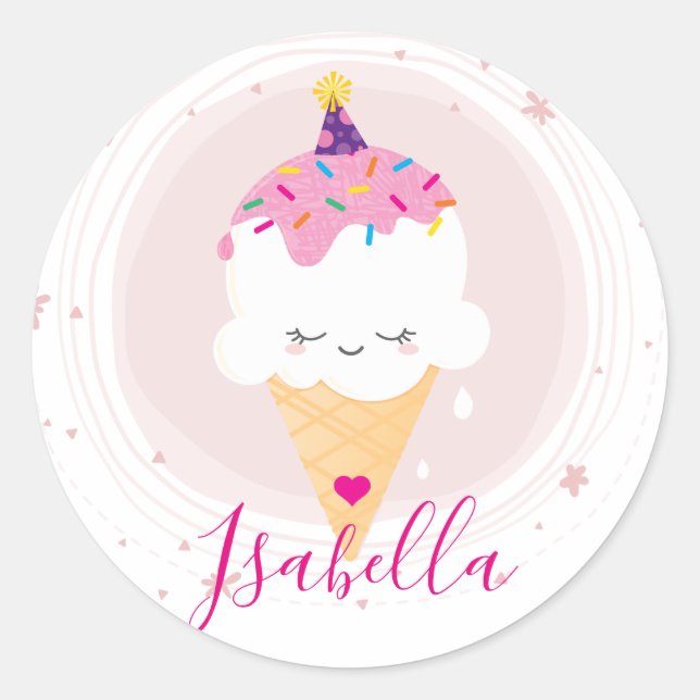 CUTE ICECREAM CONE kawaii illustration sprinkles Classic Round Sticker (Front)
