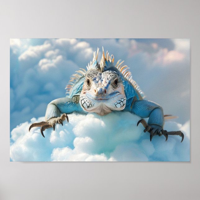 Cute Iguana Portrait On Fluffy Cloud With Blue Sky Poster (Front)