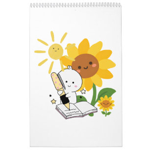 Cute Illustrated Character with Sunflowers Wall Ca Calendar