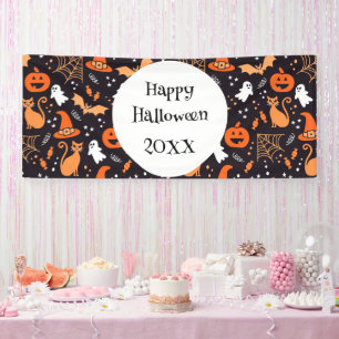 Cute Illustrated halloween characters on black bg Banner