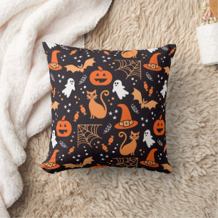 Cute Illustrated halloween characters on black bg Cushion