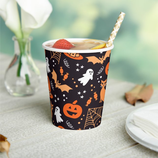 Cute Illustrated halloween characters on black bg Paper Cups (Insitu)