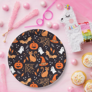 Cute Illustrated halloween characters on black bg Paper Plate