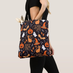 Cute Illustrated halloween characters on black bg Tote Bag