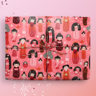 Cute Illustrated Japanese Kokeshi Pink Wrapping Paper