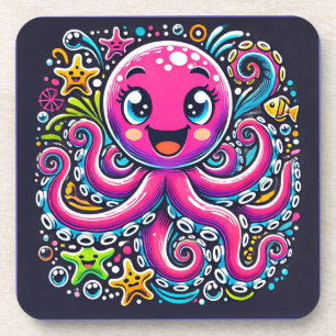Cute Illustrated Octopus with Colourful Fishes Coaster