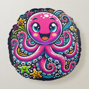 Cute Illustrated Octopus with Colourful Fishes Round Cushion