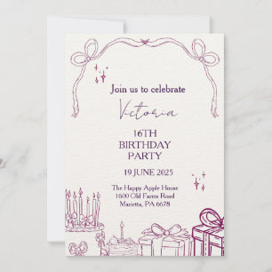 Cute Illustrated Pink Ribbon Birthday Party Invita Invitation