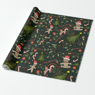 Cute Illustrated Retro Christmas Dark Green Wrapping Paper