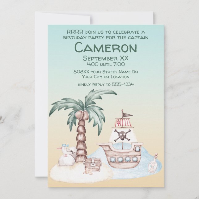 Cute Illustrated Sunset Pirate Party Invitation (Front)