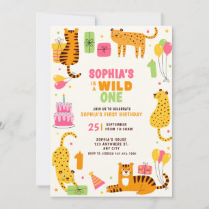 Cute illustrated wild animals first birthday invitation