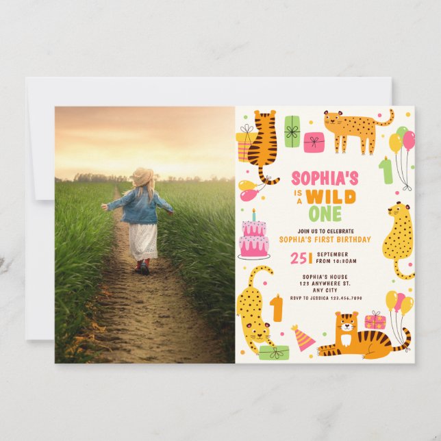 Cute illustrated wild animals first birthday invitation (Front)