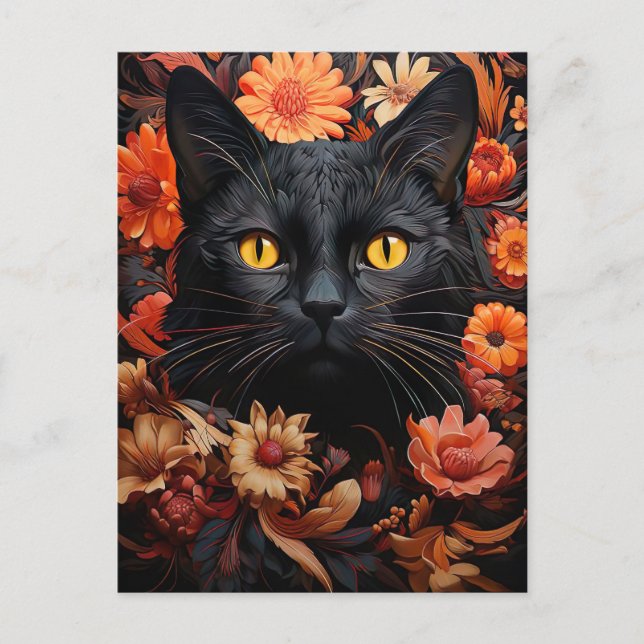 cute illustration black cat with flowers postcard (Front)